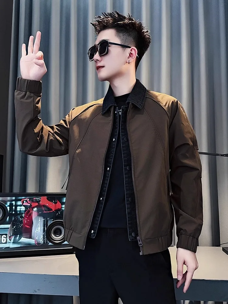 

Повседневная мужская джинсовая куртка в стиле пэчворк на весну-осень, модная, с декоративной молнией, приталенная, с защитой от сминания, из полиэстера