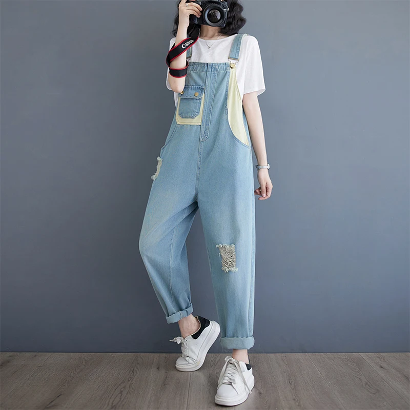 Aricaca Women Light Blue Wide Leg Dungarees Straps Pants Denim Overalls Women Casual Cotton Jumpsuits