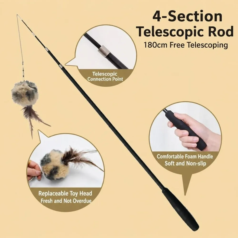 1.8m Extra Long Retractable Cat Wand Toy 4-Section Telescopic with Detachable Feather Worm Refill Cat Teaser Stick