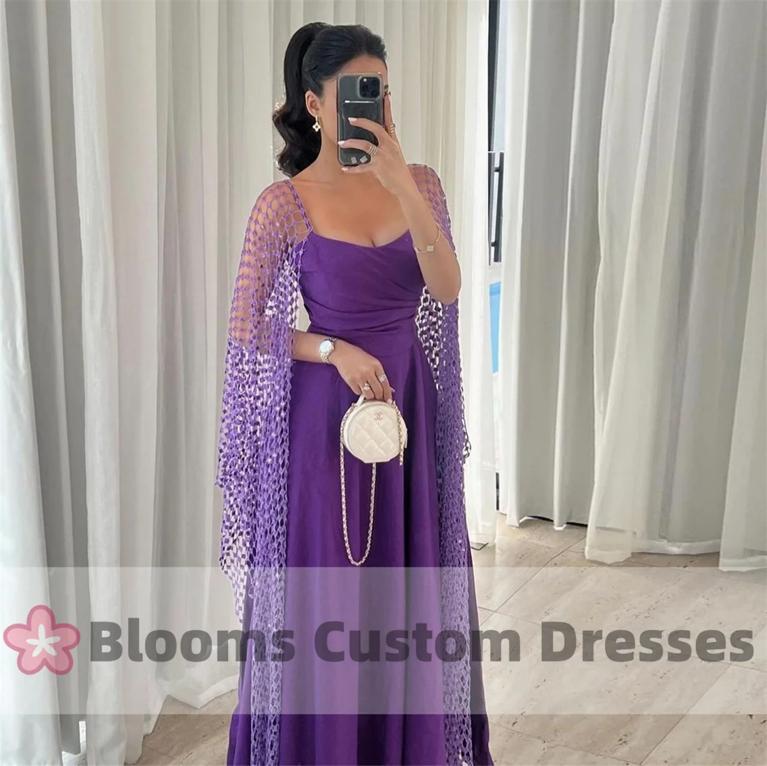 Blooms Customized Purple Chic Sequins Net Cape Prom Dresses For Special Occasion Pleated Party Gown A-line Evening Dress