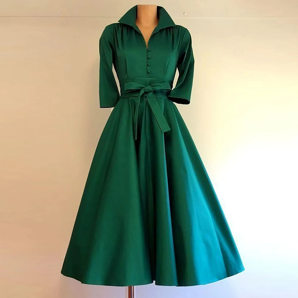 Abito da donna elegante collo alto solido cintura con lacci A-Line manica lunga bottone autunnale abito casual abiti Daliy con orlo increspato allentato