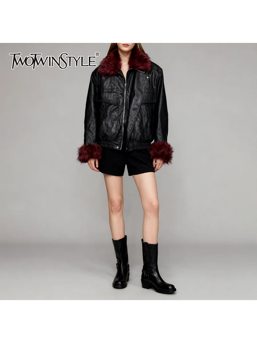 

TWOTWINSTYLE Hit Color Spliced Pockets Casual Jackets for Women Fur Collar Long Sleevs Fashion Leather Jacket Female Clothes New