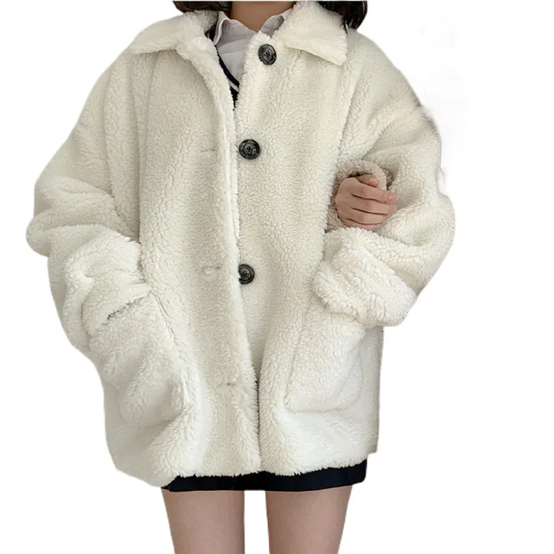 Lamb Fur Jaet Women's Loose Square Collar Single Button Autumn Winter New Small Size Student Faion Outerwear Coat