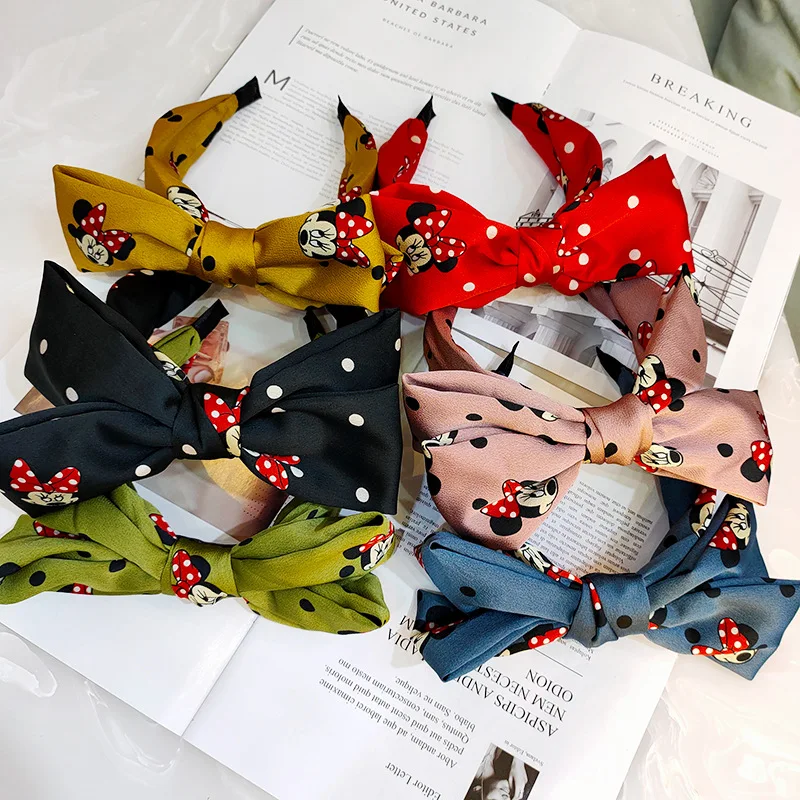 Disney Anime Minnie Double Layered Bow Headband Kawaii Mickey Mouse Printed Knotted Hair Hoop Cartoon Hair Accessories