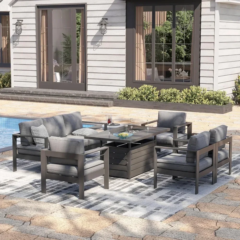 Nordic Patio Furniture Set Aluminum with Fire Pit Table, 5 Piece Outdoor Furniture Metal with Water-Resistant Cushions Modern