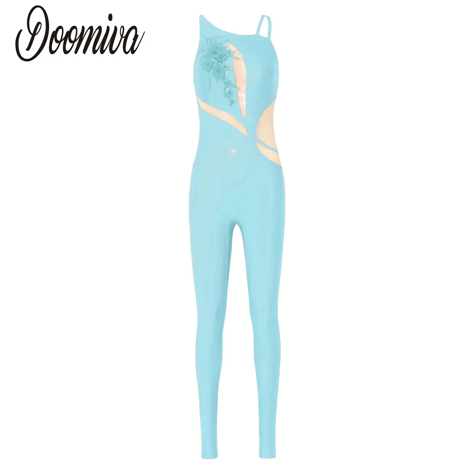 女性用アップリケ体操フルボディスーツパフォーマンスコスチュームラインストーンスリーブレスレオタードジャンプスーツ芸術バレエスケートウェア