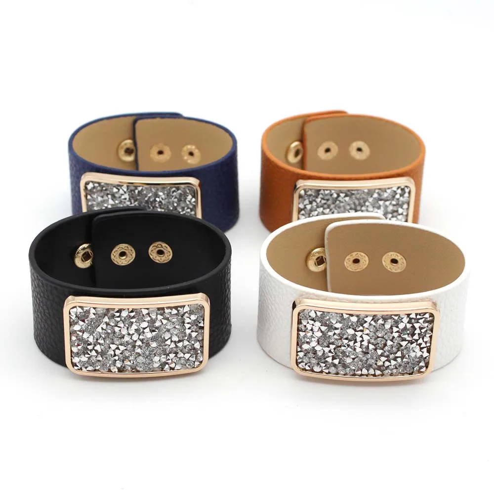 2023 Square Full Drill Wide Leather Bracelet Five Fashion Accessories Tide Female Character Joker Color Optional