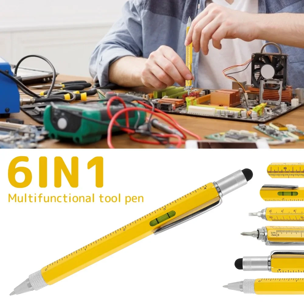 6 In1 Multi-Function Pen Construction Tools Tactical Pen Cool Gadgets Mobile Phone Touch Screen Pen for Home Improvement or Work