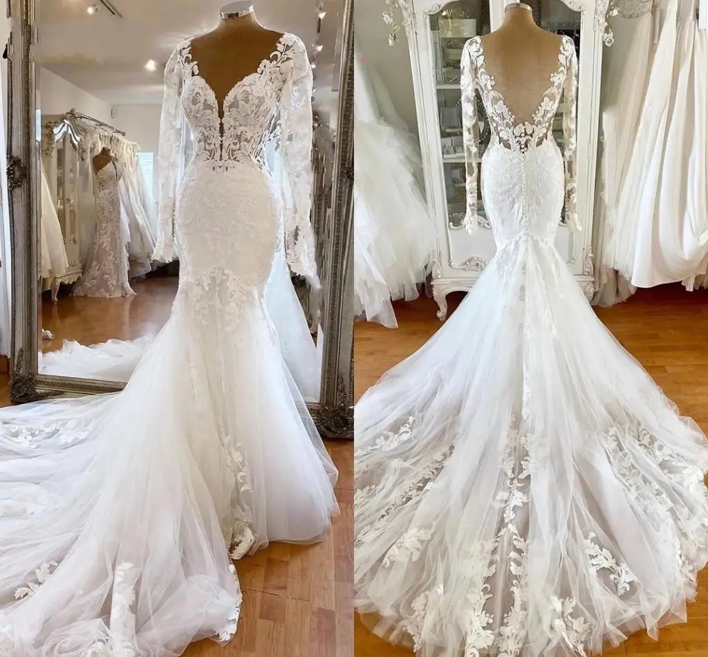 Customized  V Neck Lace Appliques Wedding Dresses Vestido De Noiva Sereia Long Sleeves Illusion Backless Beach Bridal Gowns