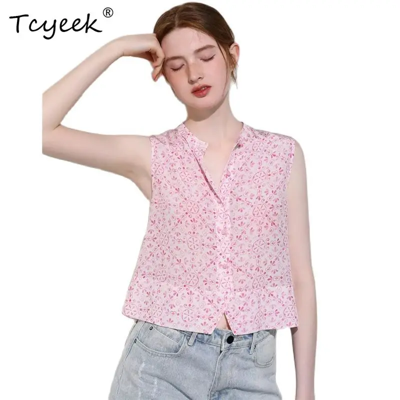 

Tcyeek, 100%Real Silk Elegant Shirt, Women Sleeveless Flower, Retro Versatile Commute Sweet Blouse, 2024 Summer Fall T46629QC