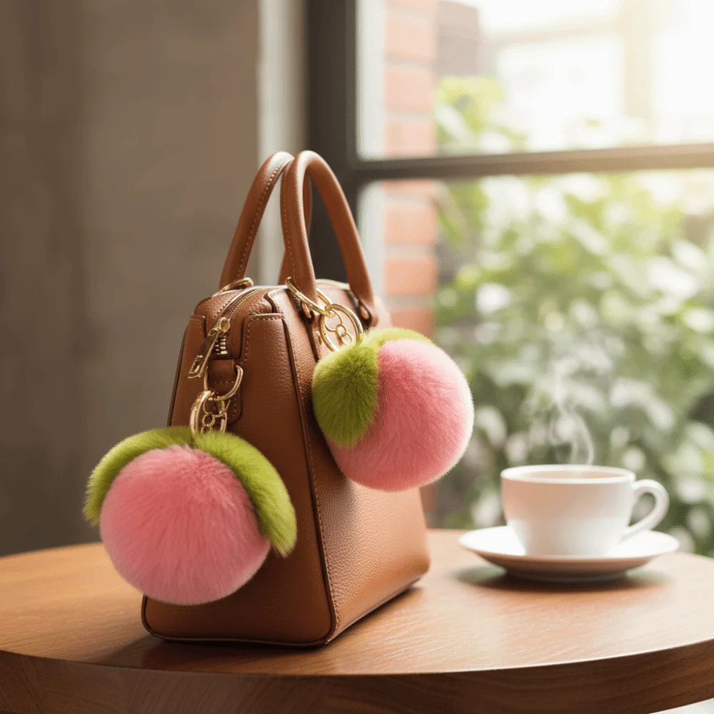

Plush Toy Soft Fur Furry Keychain Pink Peach Cute Design Fruit Keychain Fluffy Plush Kawaii Style Keyring Children Gits