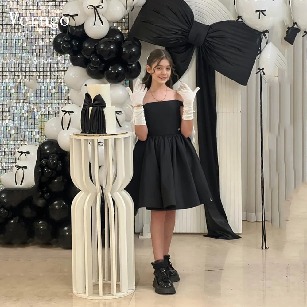 

Verngo Black Satin Girl Flowers Dress Strapless A Line Ball Gowns Kid Bow Sleeves Princess Celebrity Birthday Dress Customized