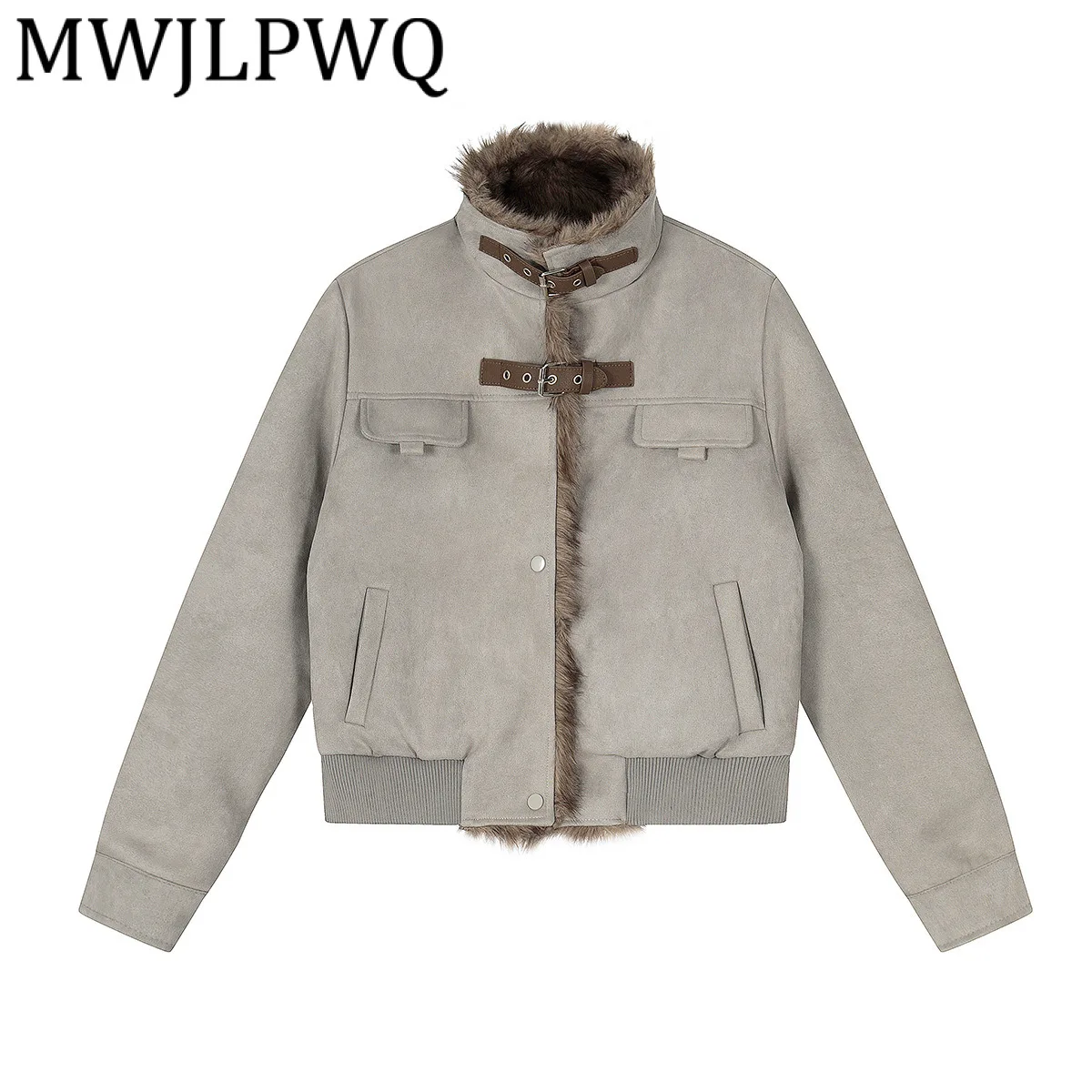 

MWJLPWQ New Winter Warm Fleece Short Coat American Motorcycle Style Stand Collar Long Sleeve Loose Cotton Jacket Trendy 22030