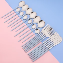 24pcs Blue Silver Dinnerware Set Dinner Knife Fork Tea Spoon Cutlery Set Stainless Steel Tableware Western Home Kitchen Flatware