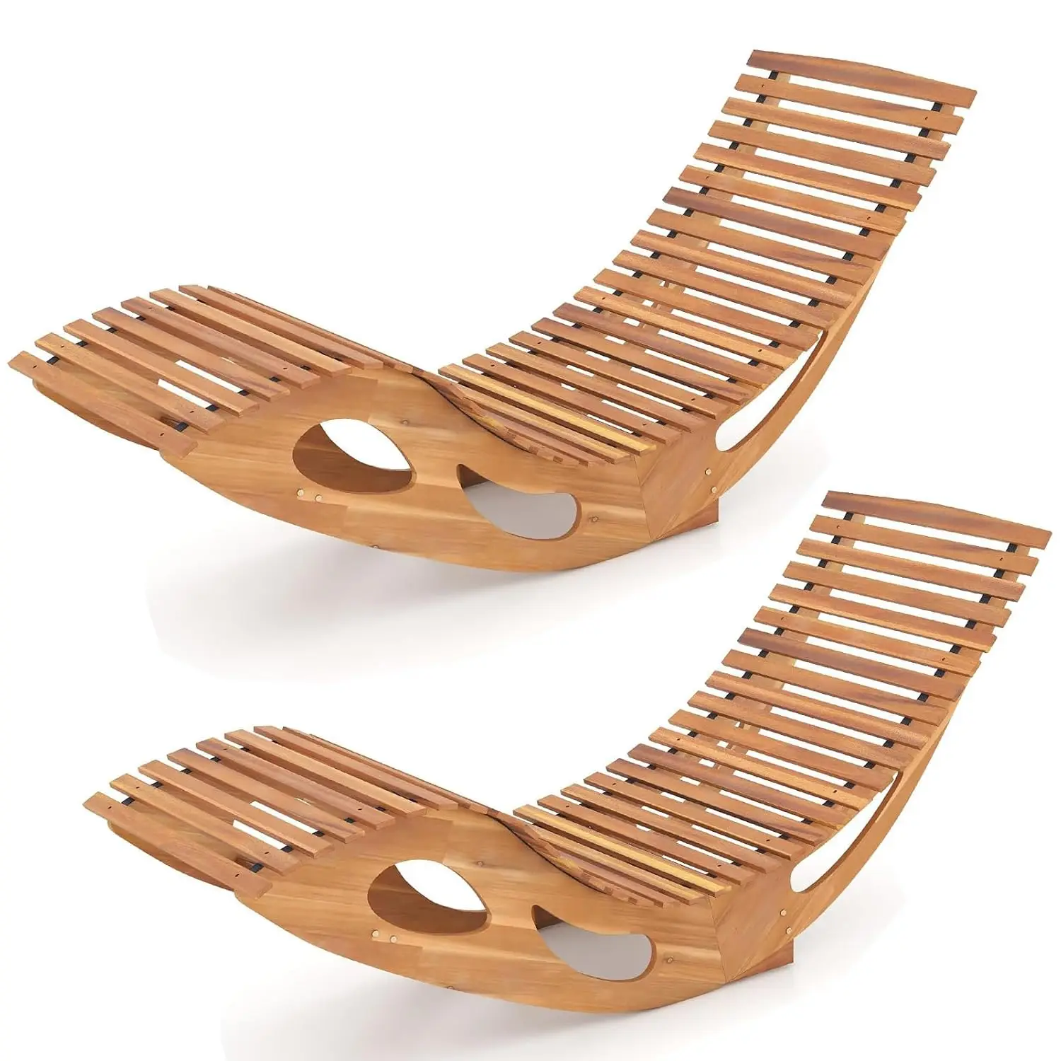 Acacia Wood Chaise Lounge Set 2 Rocking Chair High Back Slatted Seat Stopper 350 Lbs Capacity Outdoor Sun Lounger, Customized