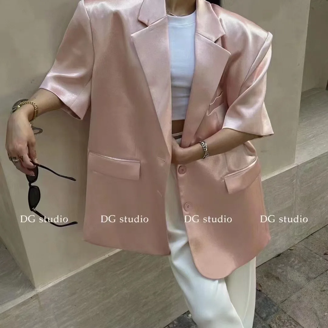 Chic Women Short Sleeve Satin Blazers Coat Faux Silk Suits Jacket OL Glossy Turn Down Collar Cardigan Crop Tops Outwear Abrigos