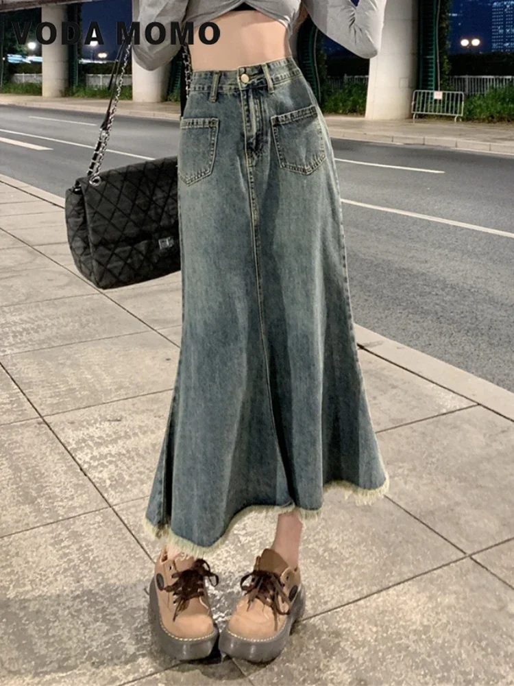 New Korean stytle Version Women's Retro Denim Skirt High Waisted Spring Summer A Line Skirt Long Jeans Female Basic Versatile