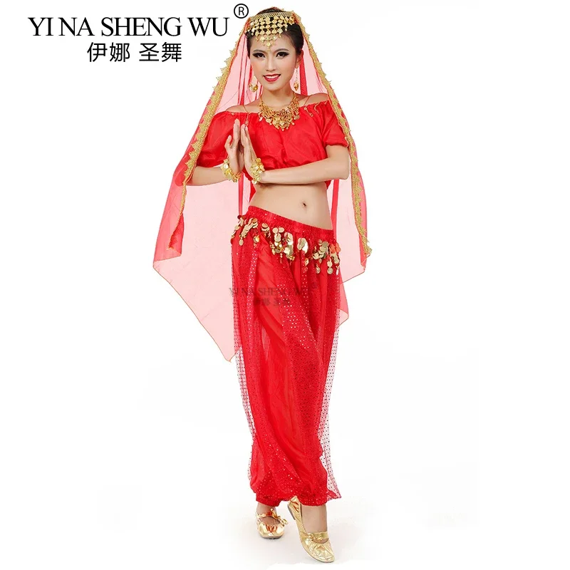 Conjunto de 3 peças de dança da índia, traje de performance de dança do ventre, chiffon, cobre, gong, lanterna, calças, manga curta, top, trajes de dança oriental