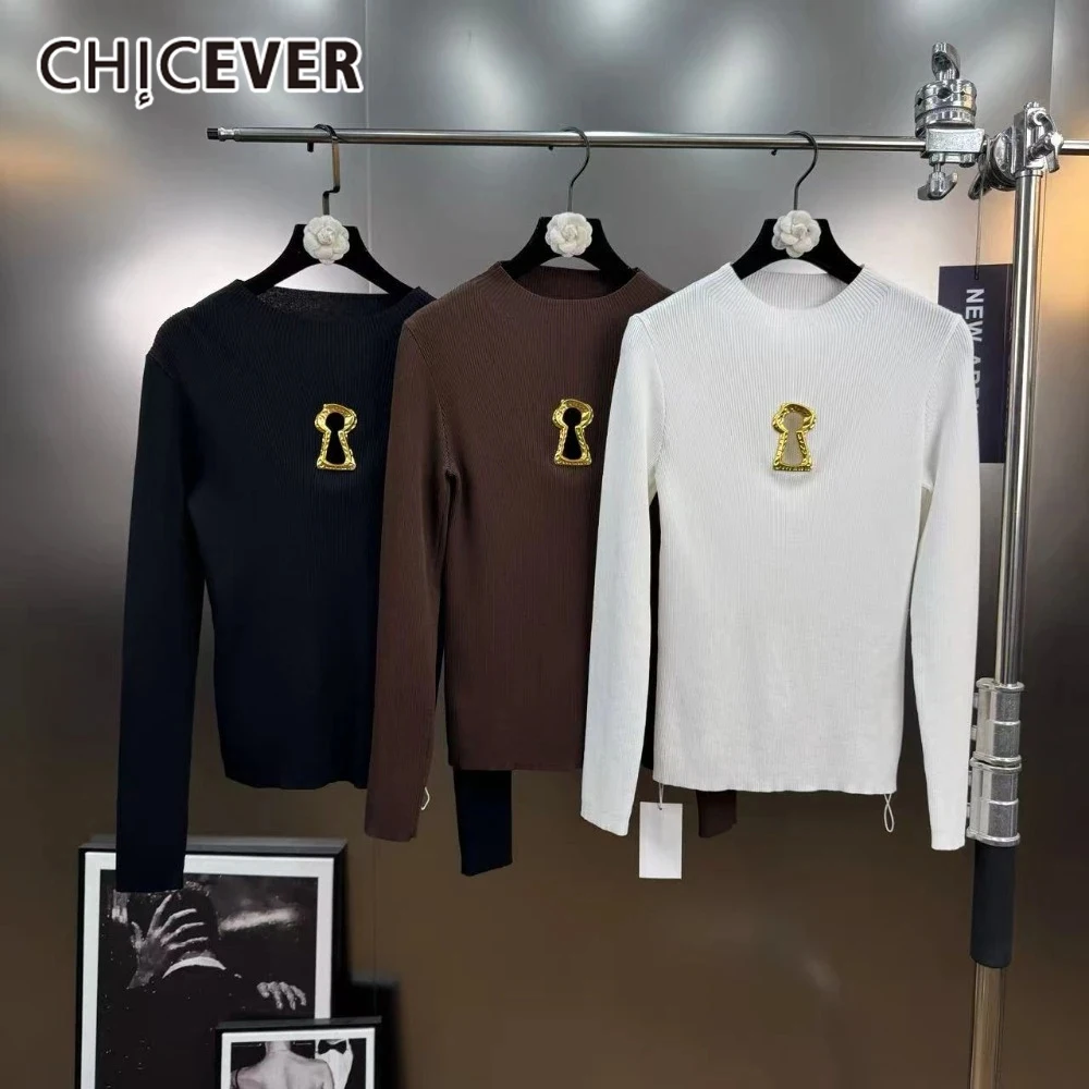 

CHICEVER минималистичные пуловеры для похудения для женщин воротник-стойка с длинным рукавом металлический ключ декоративный темпераментный свитер женский модный