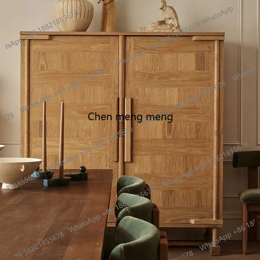 

French Vintage Style Parquet Solid Wood Sideboard High Cabinet Retro Distressed Storage Cabinet