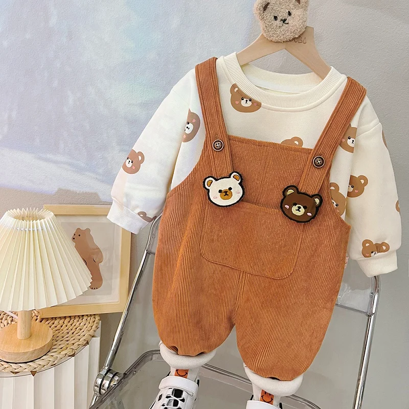 2023 new children\'s cartoon rabbit ear set boys and girls Plush suspender pants two-piece Baby Sweater sportswear