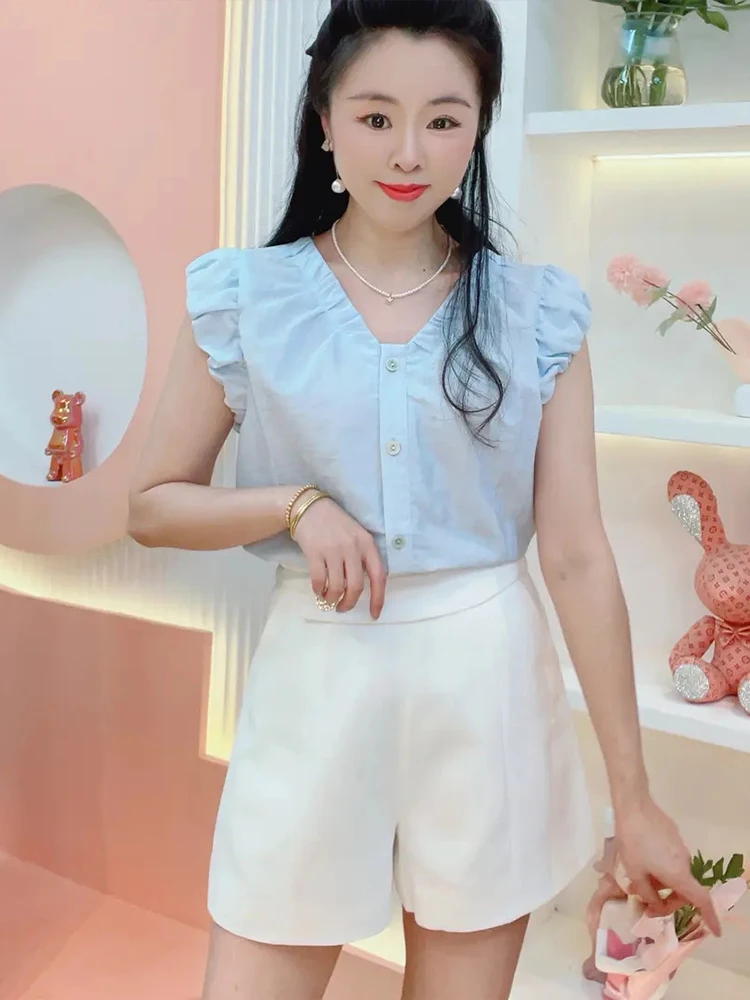 

Ele V-Ne Pleated Women's irt Summer Faionable Versatile Meat Concealing Anti-Aging Top Korean Sle Straight Cut