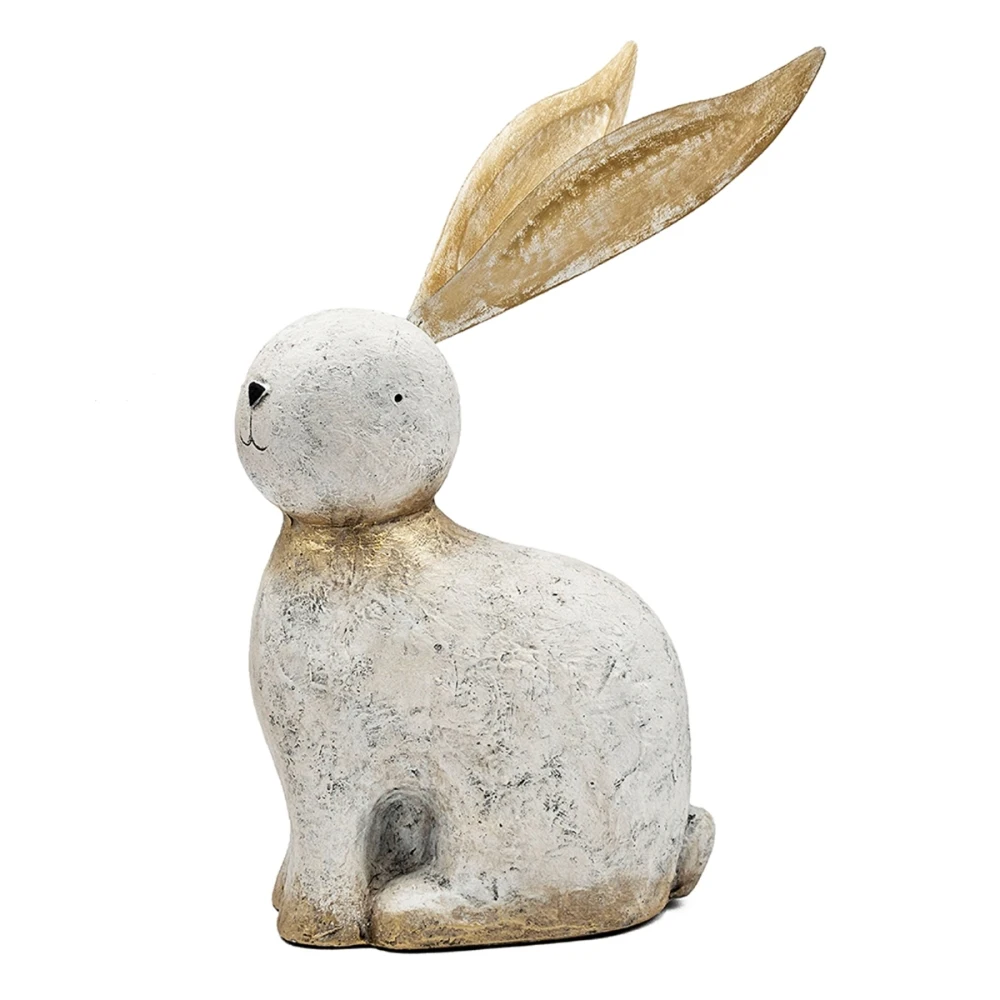 13.8x6.1x20.9 Inch White Magnesium Rabbit Figurine, Elegant Decor Bunny Statue with Shiny Gold Metal Iron Ears for Home Balcony Patio Garden Ornament