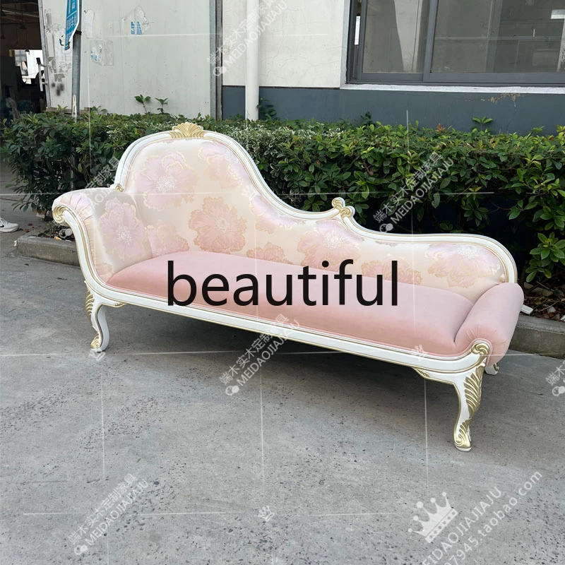 

French solid wood chaise longue European pink velvet recliner fabric leisure sofa