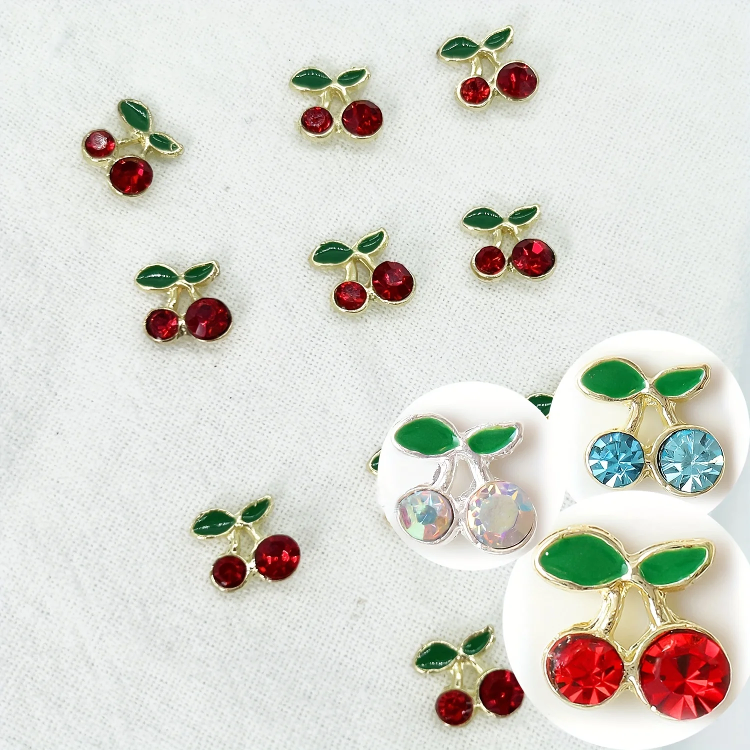 10pcs 3D Alloy Metal Cherry Shape Nail Art Rhinestone Crystal Cherries Leaves Press On Tips Acrylic Jewelry Nail Charms