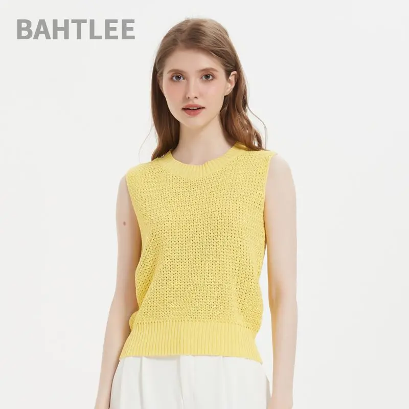 BAHTLEE-Women's Linen Sleeveless T-Shirt, O-Neck Pullovers, Button Vest, Hollow Out Sweaters, Summer