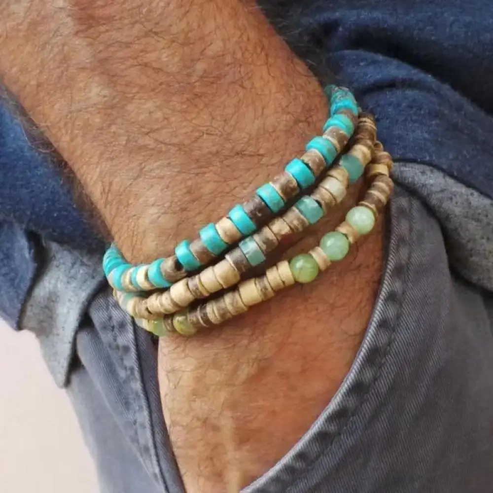 

3Pc/s Hot-Selling Natural Stone Wood Pieces Coconut Shell Elastic Beaded Bracelet Set Male Retro Couple Beach Bracelet Jewelry