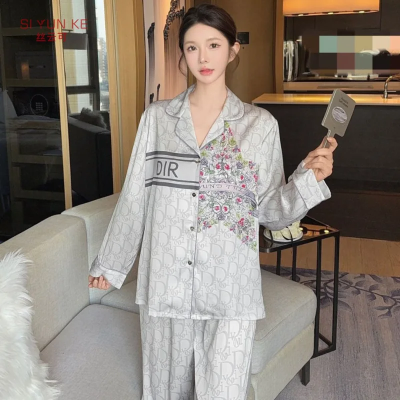 

2025 Summer Autumn Luxury Fashion Ice Silk Pajamas Women Two Piece Set High-End Comfortable Printe Long Sleeve Pants Nightwear