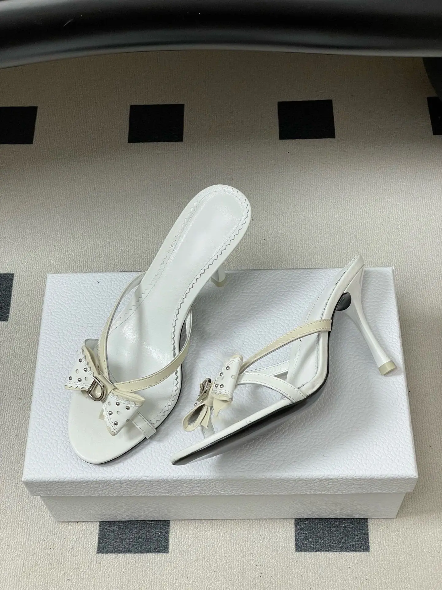 2026 New Sweet Pink Bow Rivet High Heels Women Elegant Thin Strap Stiletto Slippers Fashion Open Toe Slide Sandals Ladies Shoes