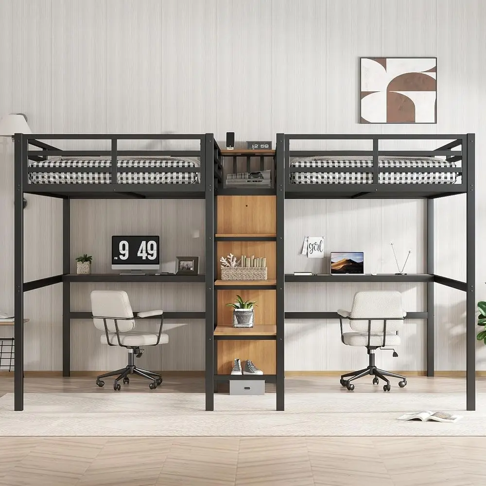 Twin Over Twin Metal Bunk Bed with Desk, Wardrobe, Storage, Charging Station, Noise Reduction, Easy Assembly, Black & Natural Wo view 4