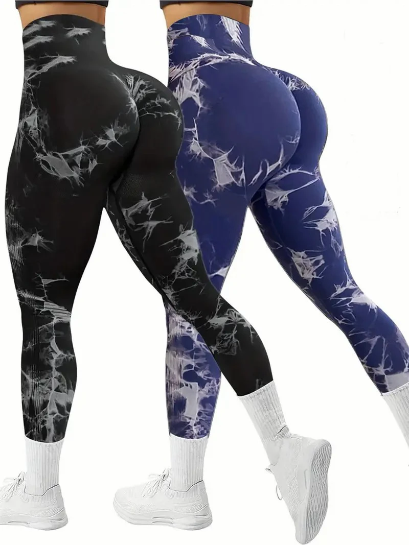 Paquete de 2 mallas de Yoga de alto estiramiento para mujer, mallas deportivas de Yoga de alto estiramiento sin costuras con tinte anudado, pantalones de entrenamiento atléticos, ajuste cómodo