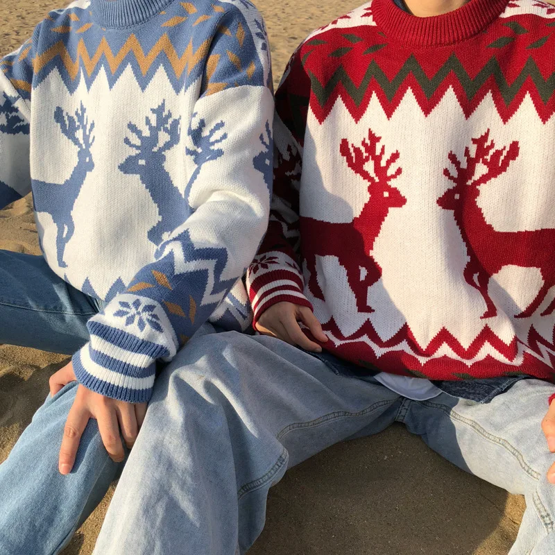 

Deer Printed Knitted Sweater For Men Korean Clothing Winter Men's Sweater Long Sleeve Knitted Top Mens Jumper Clothes Pullover