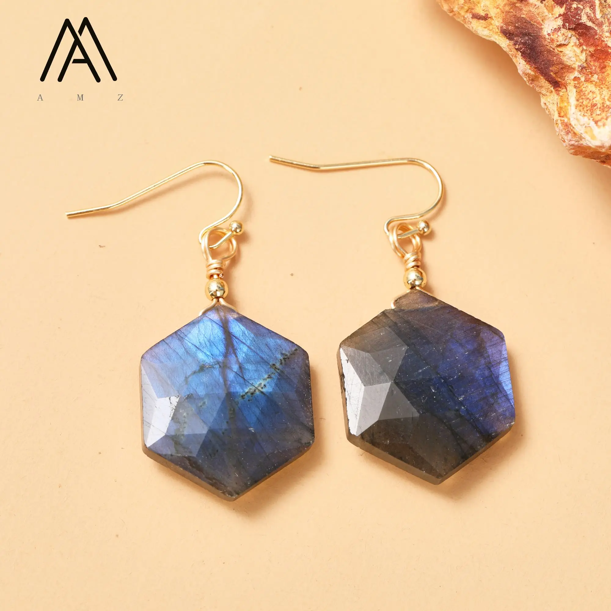 

Hexagonal Crystal Earrings Wire Wrapped Natural Gemstone Labradorite Lapis Hook Earring Fashion Jewelry Women Gifts