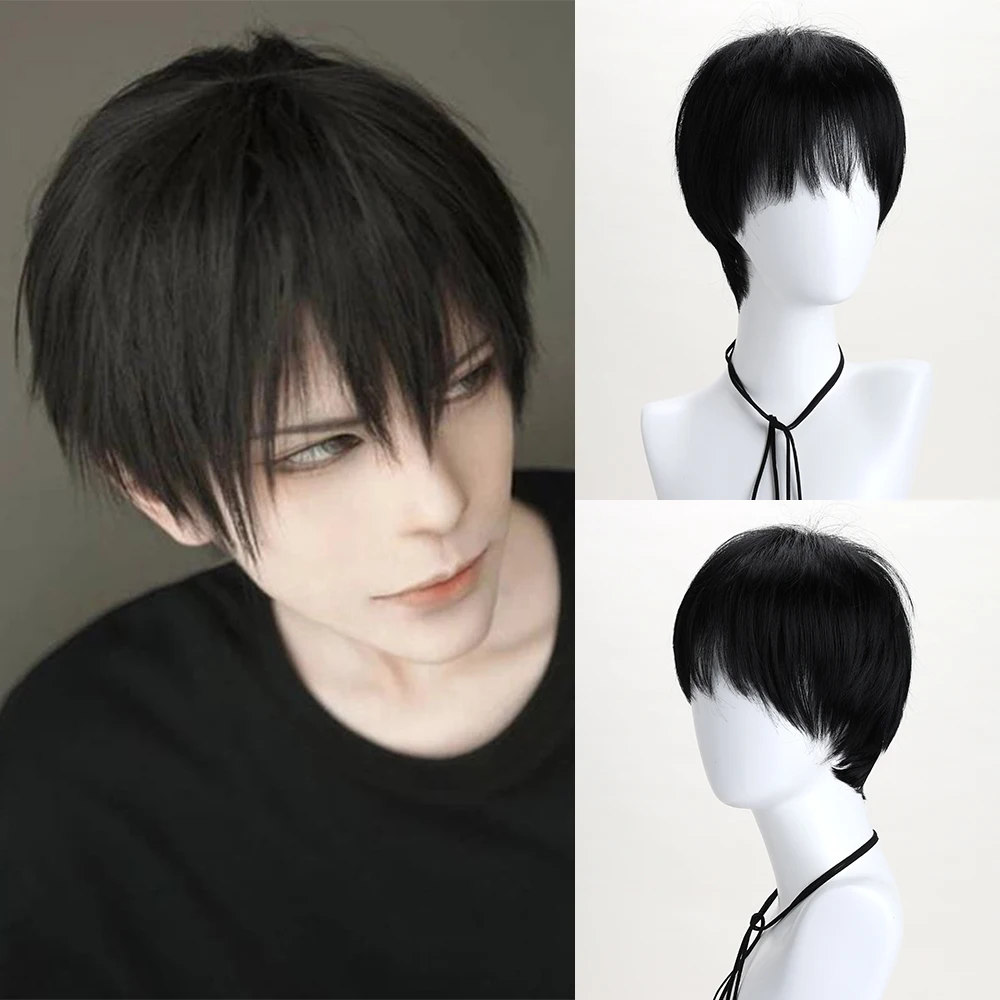 

10 Inch Synthetic Wigs Pure Black Short Curly Wig Anime Hatter for Cosplay Halloween Costume Party