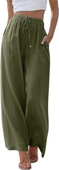 Pantalon surdimensionné pour femmes, décontracté, blanc, haute élasticité, Baggy avec cordon de serrage, Streetwear, couleur unie, coton et lin, jambes larges