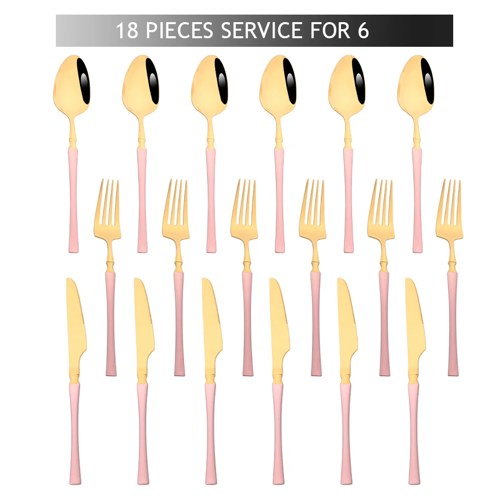 18Pcs Pink Gold Dinnerware Mirror Flatware Set Stainless Steel Cutlery Kitchen Knife Fork Spoon Restaurant Wedding Tableware Set