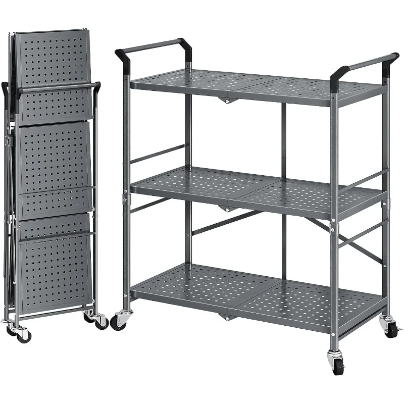 Rolling Utility Cart Folding Cart with Wheels - 3 Tier Collapsible Metal Cart, Large Capacity