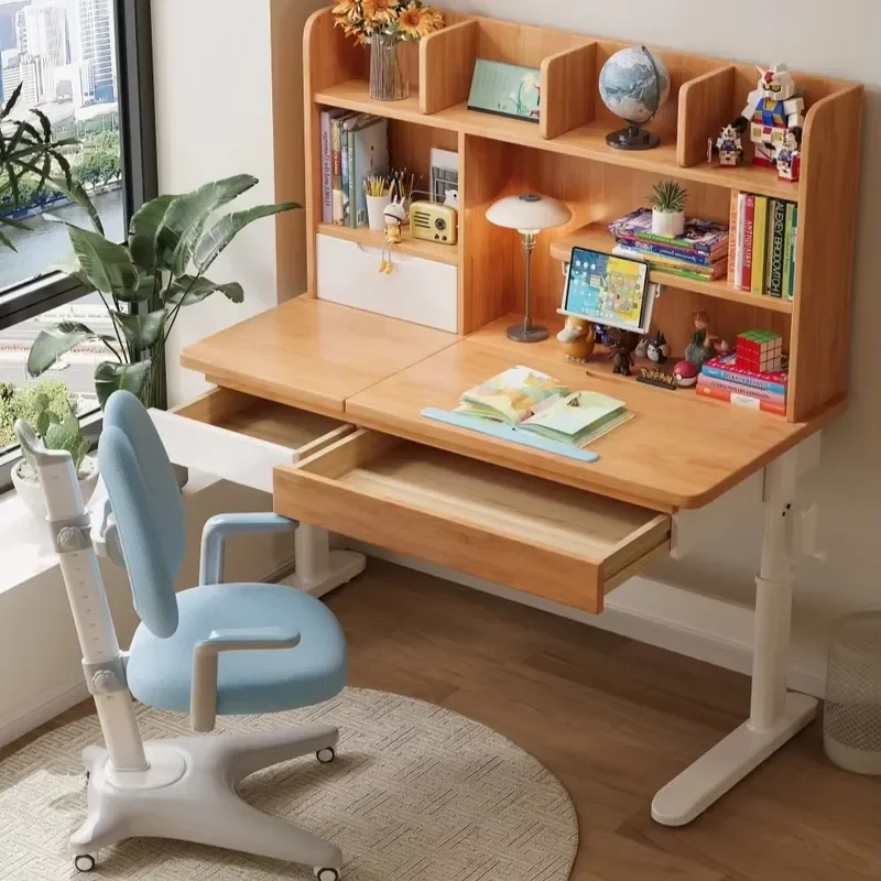 Adjustable Height Study Desk for Kids Rubber Wood Multi Function Table Compatible with Children Bedroom School Furniture