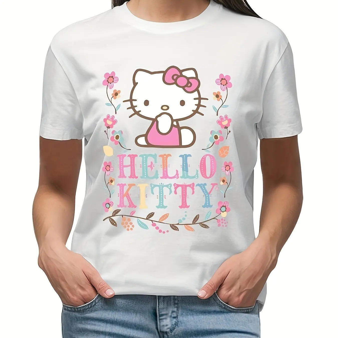

Sanrio for Hello Kitty & Flowers Design T-Shirt - Crew Neck Short Sleeve, Soft & Comfortable Casual Top for Women