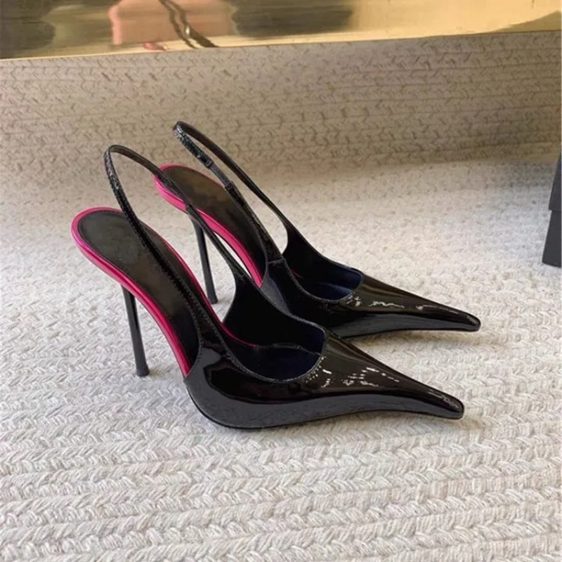 Sexy Patent Leather Pointed Toe Back Empty Sandals 26 Years Early Spring Super High Heels Stiletto Baotou Women's Shoes