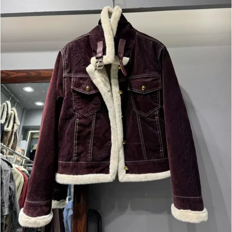 [EWQ] Turn-down Collar Patchwork Jean Tops Faux Mink Fur Outerwears Thick Warm Plush Red Coat Denim Jacket 2024 Winter Overcoats