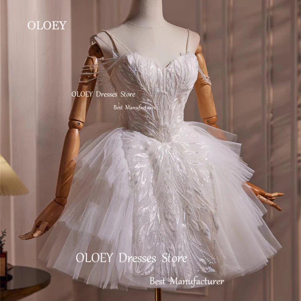 OLOEY Exquisite Beading Mini Wedding Dresses Photoshoot Silky Tulle Bridal Gowns Sweetheart Spahetti Straps White Cocktail Dress