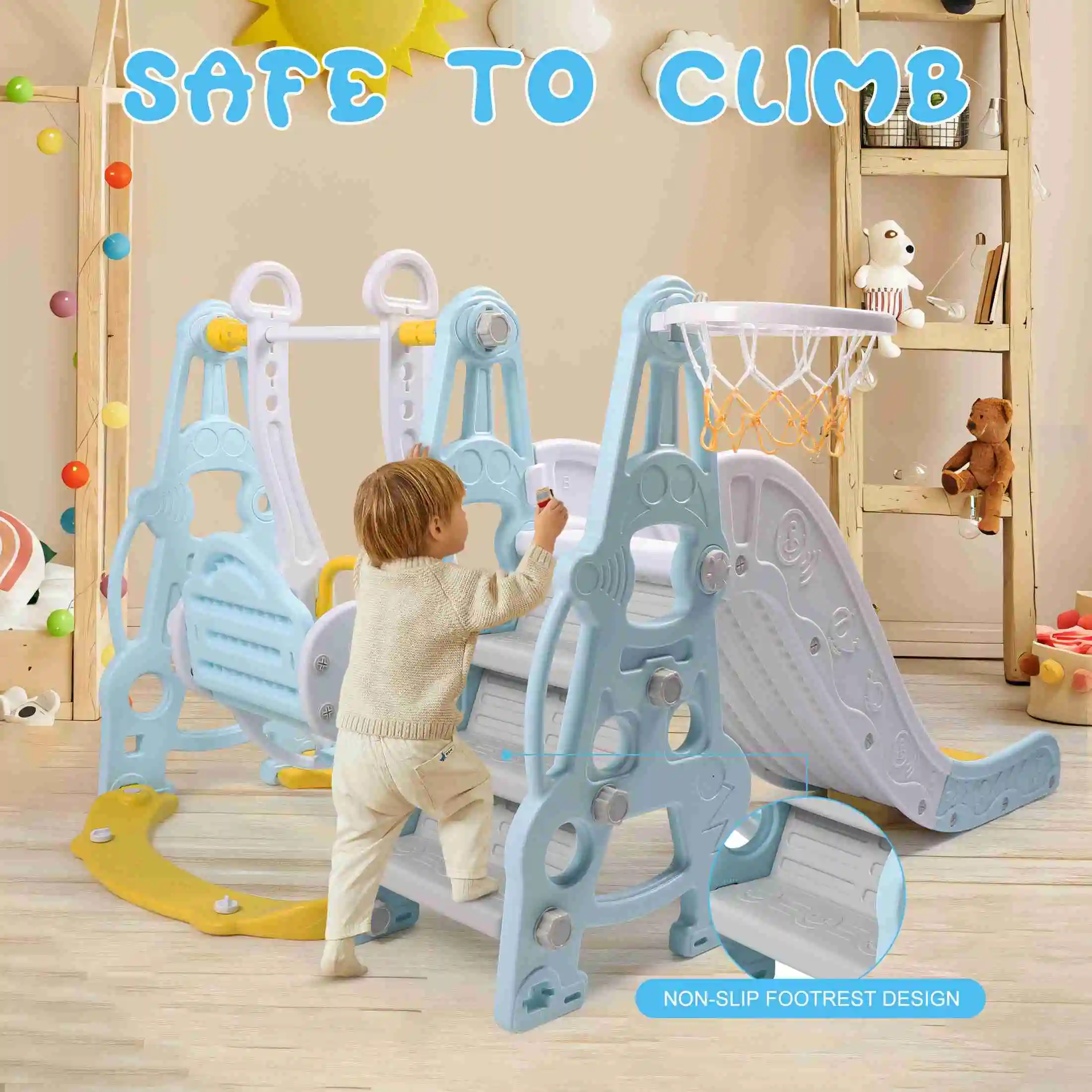 4-in-1 speelset voor peuters, schommelglijbaan, klimmer, basketbalring, achtertuin, binnenspeelset voor jongens en meisjes