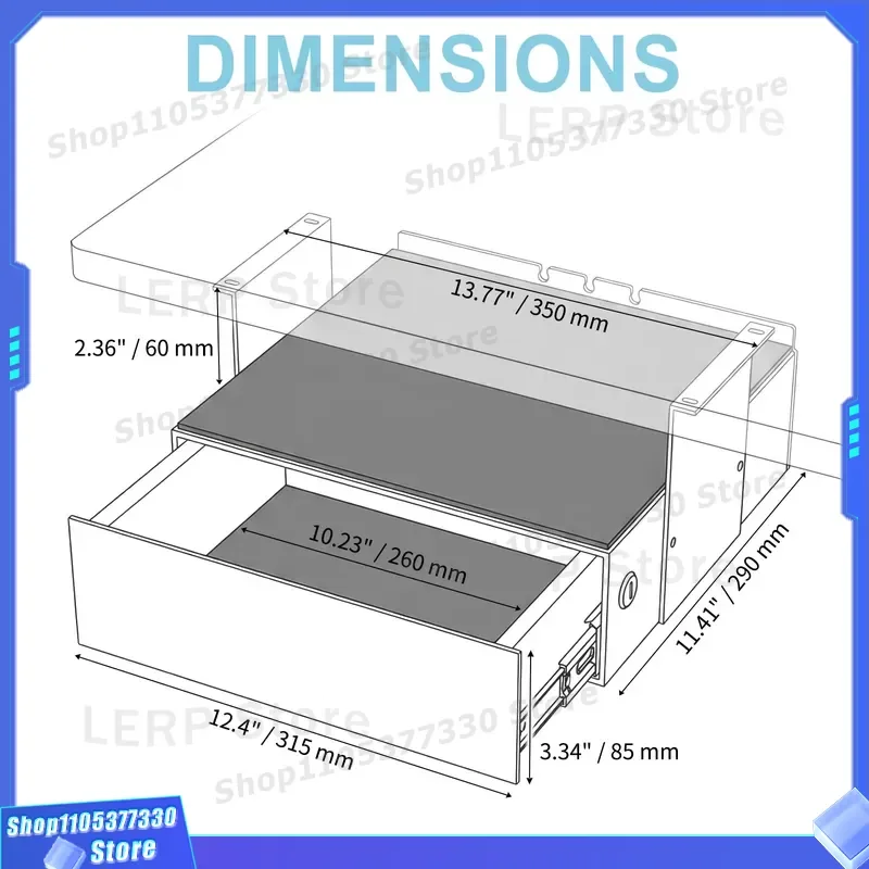 Under Desk Drawer with Lock Carbon Steel Sliding Storage Box Ball Bearing Rails for Home Office Standing Desk Organization