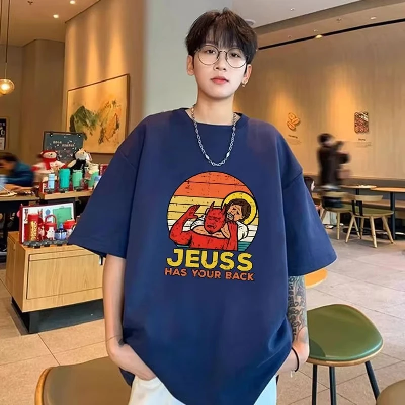 

New short-sleeved top for men, American retro cartoon print, daily Instagram, niche, loose, trendy and versatile T-shirt sherk