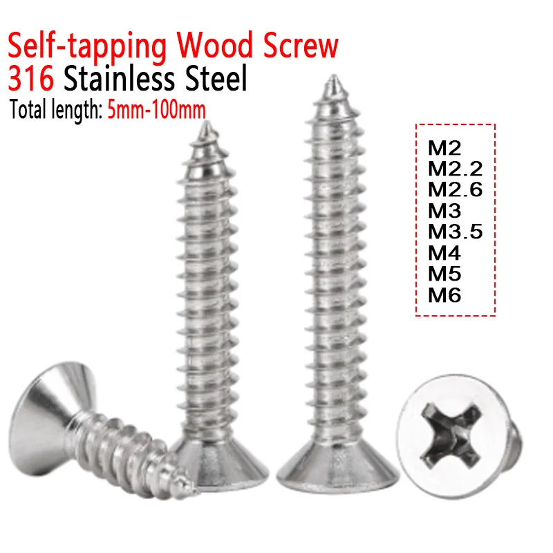 2~100pcs M2 M2.2 M2.6 M3 M3.5 M4 M5 M6 316 Stainless Steel Cross Phillips Flat Countersunk Head Self Tapping Screws Wood Screws